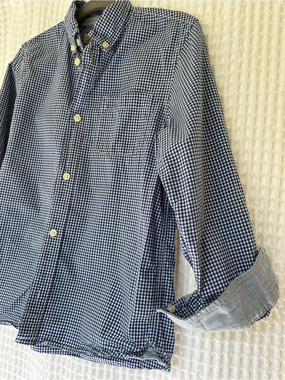 L.O.G.G. Boys 7/8 Blue Gingham Button-Down Shirt with Chambray cuff when rolled - Picture 6 of 6